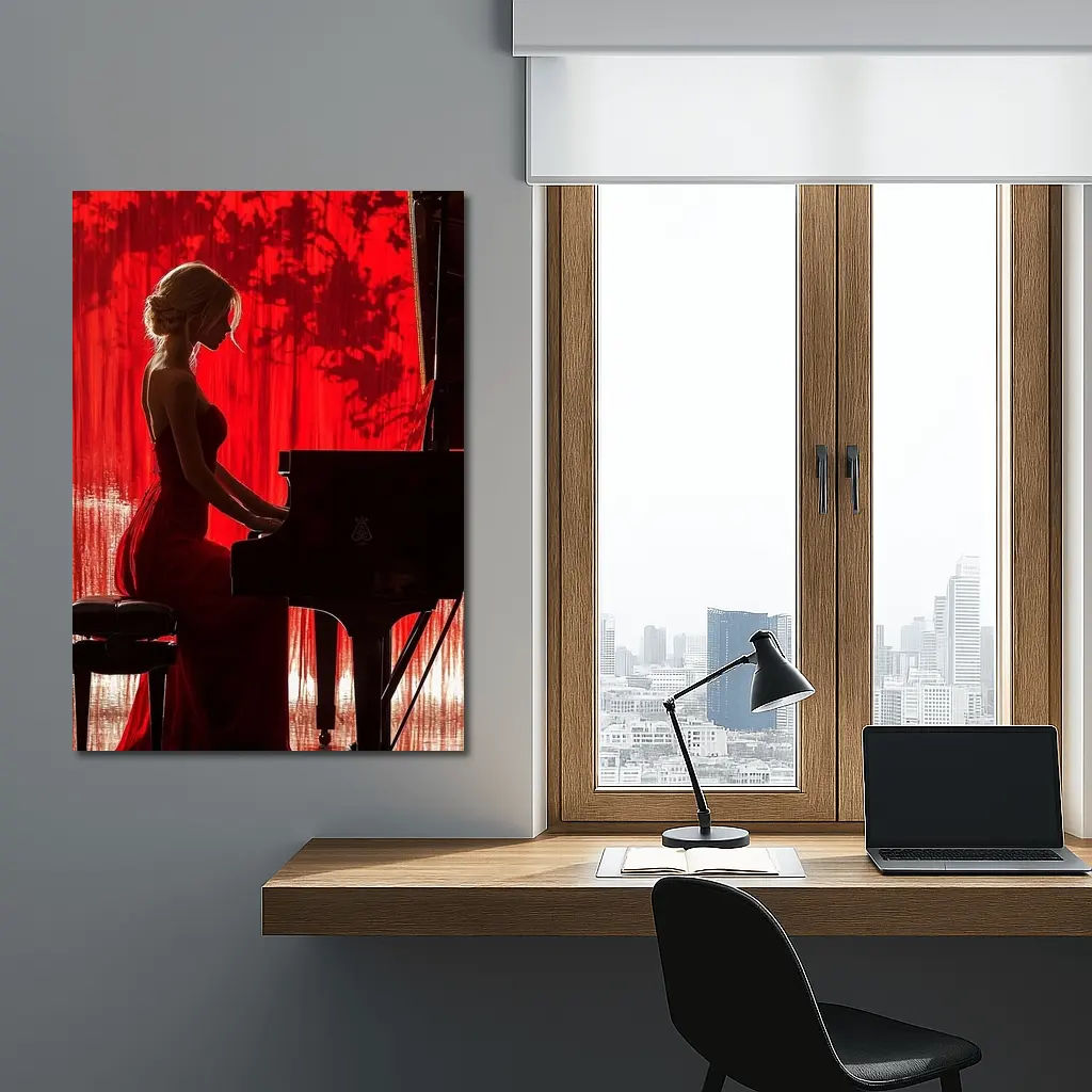 Woman Playing Grand Piano Red Background – Wall Art