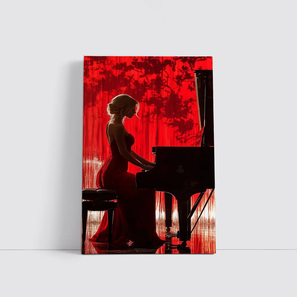 Woman Playing Grand Piano Red Background – Wall Art