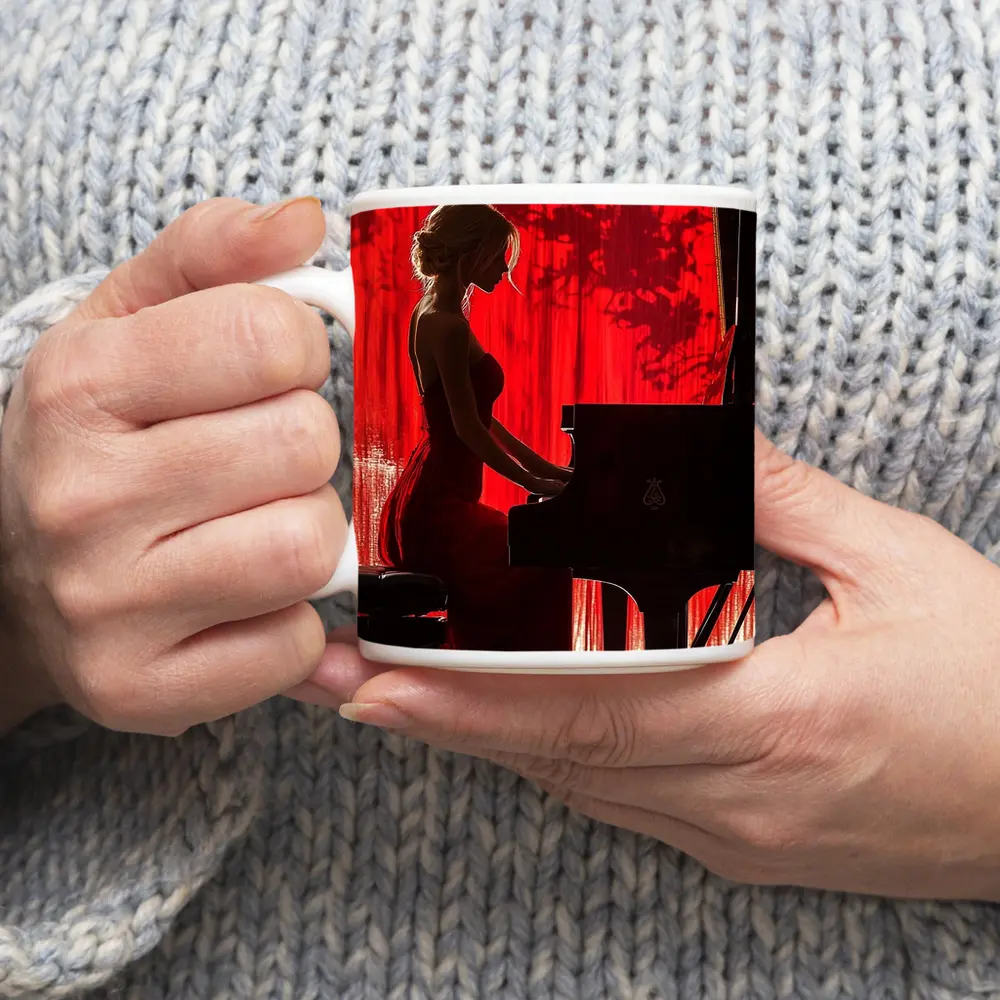 Woman Playing Grand Piano Red Background – Mugs