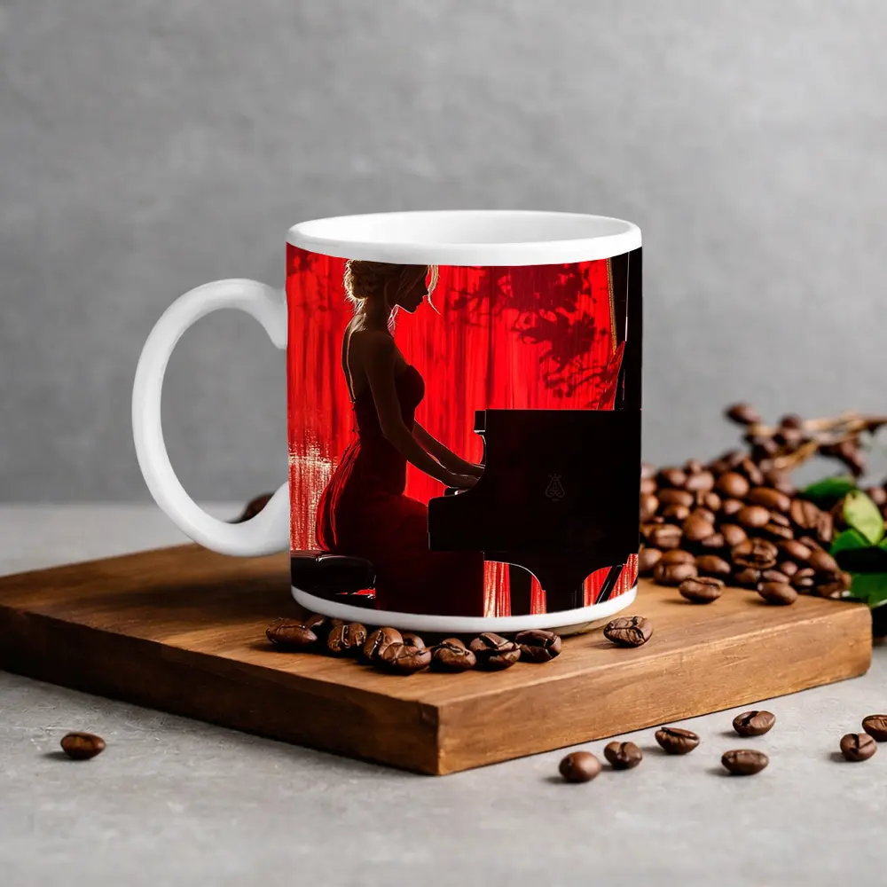 Woman Playing Grand Piano Red Background – Mugs