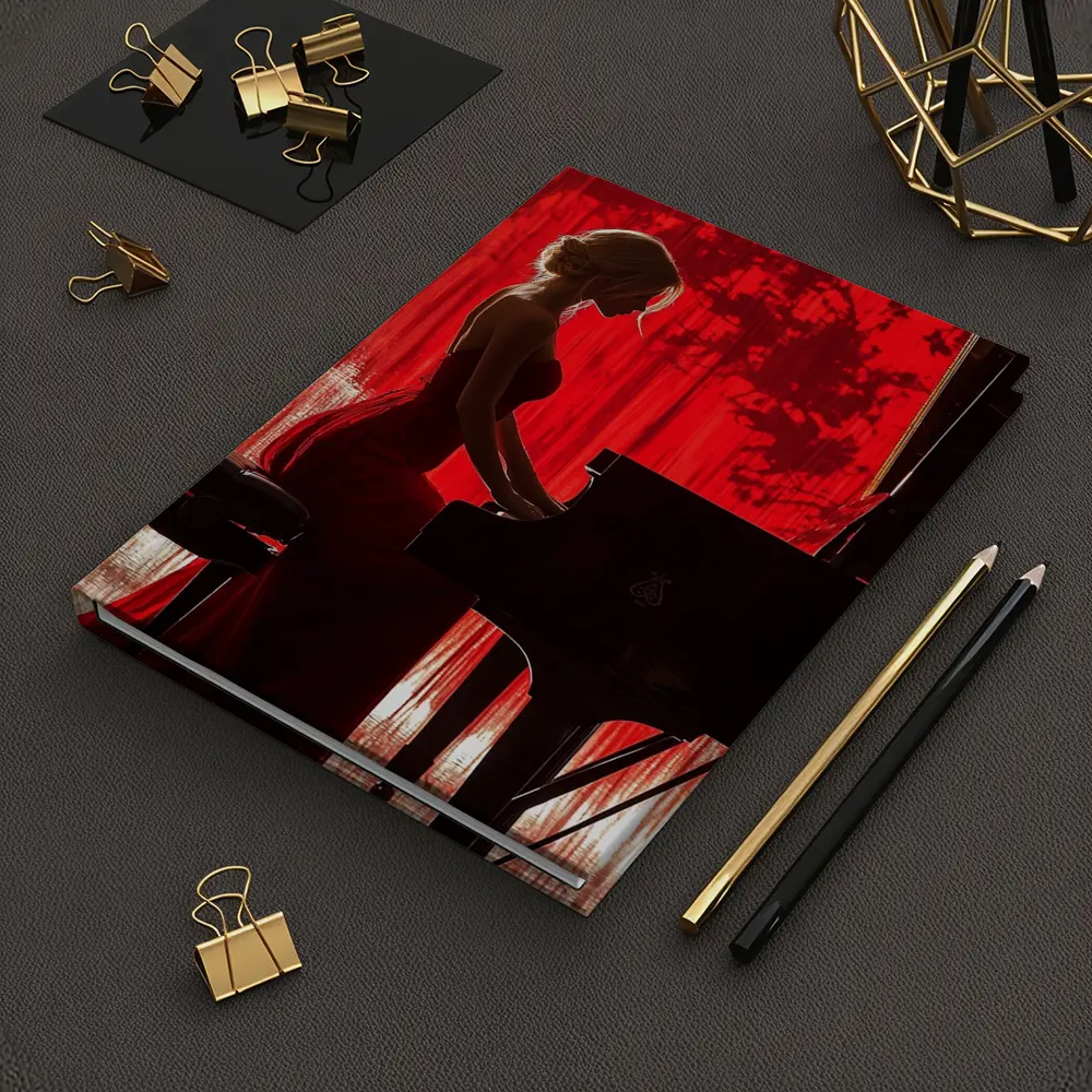 Woman Playing Grand Piano Red Background – Notebooks