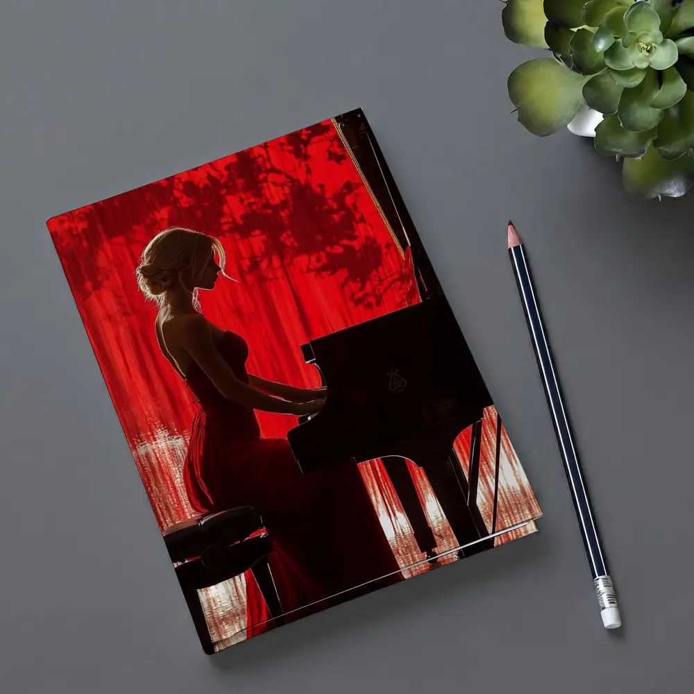 Woman Playing Grand Piano Red Background – Notebooks