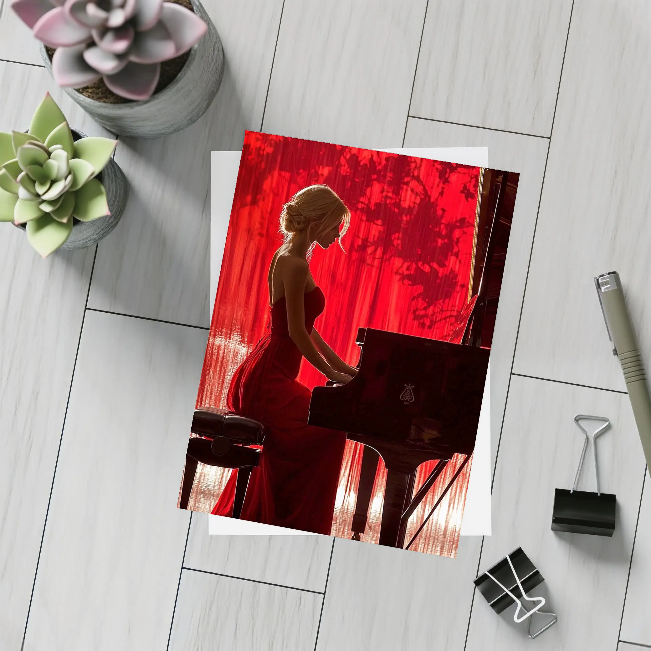 Woman Playing Grand Piano Red Background – Postcards