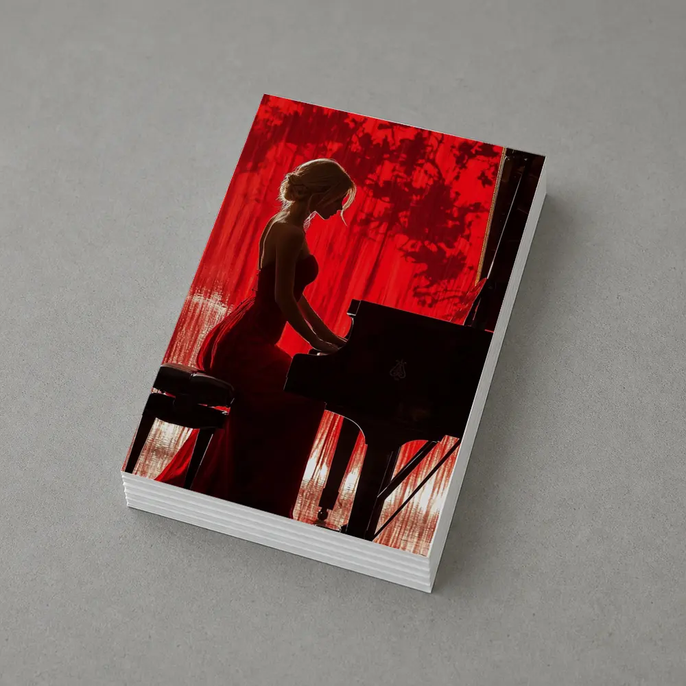 Woman Playing Grand Piano Red Background – Postcards