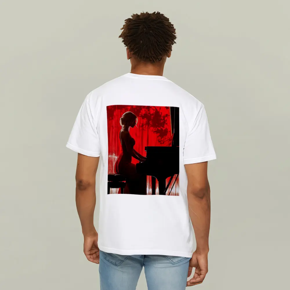 Woman Playing Grand Piano Red Background – T-Shirts