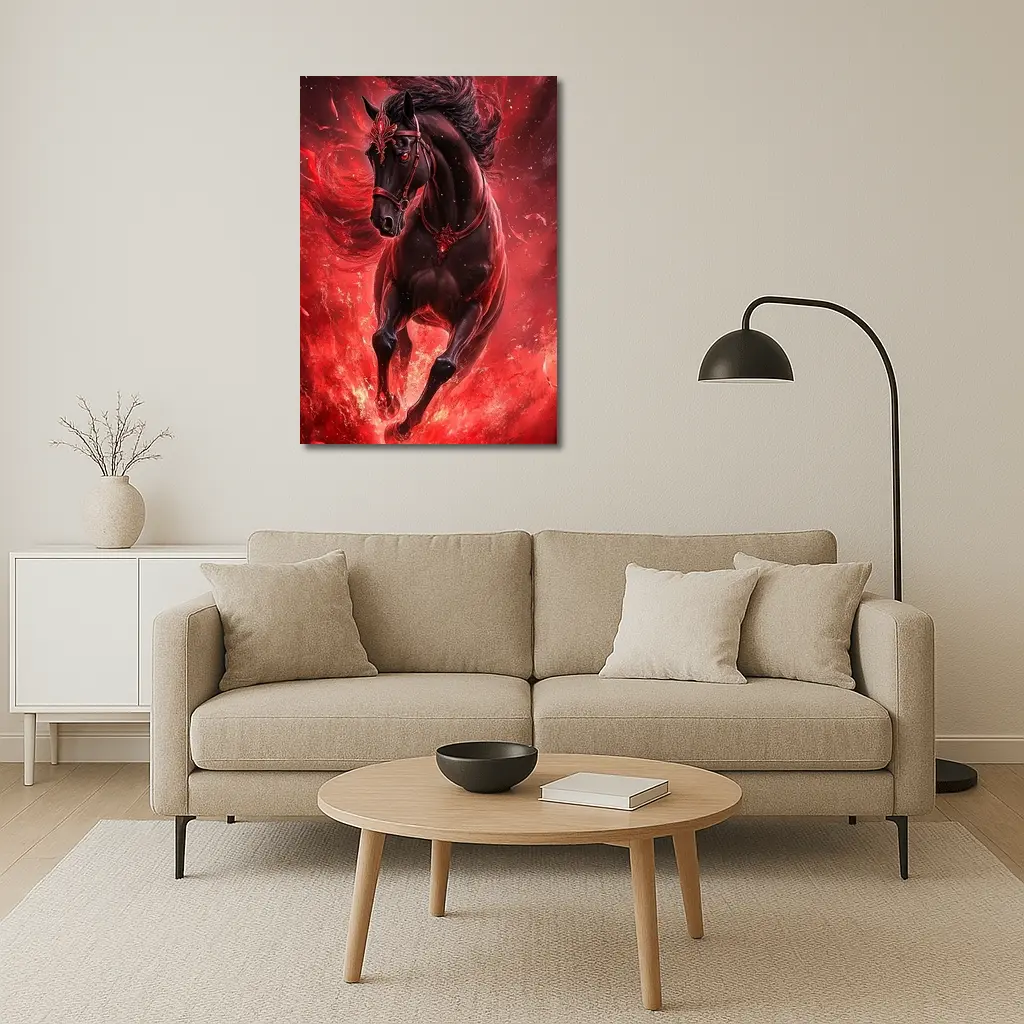 Black Horse Running Through Red Flames Fantasy – Wall Art