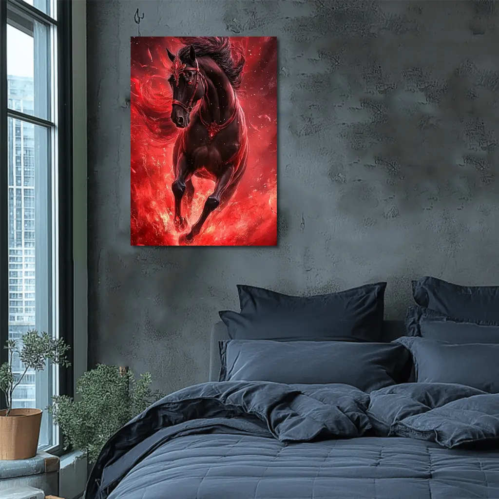 Black Horse Running Through Red Flames Fantasy – Wall Art