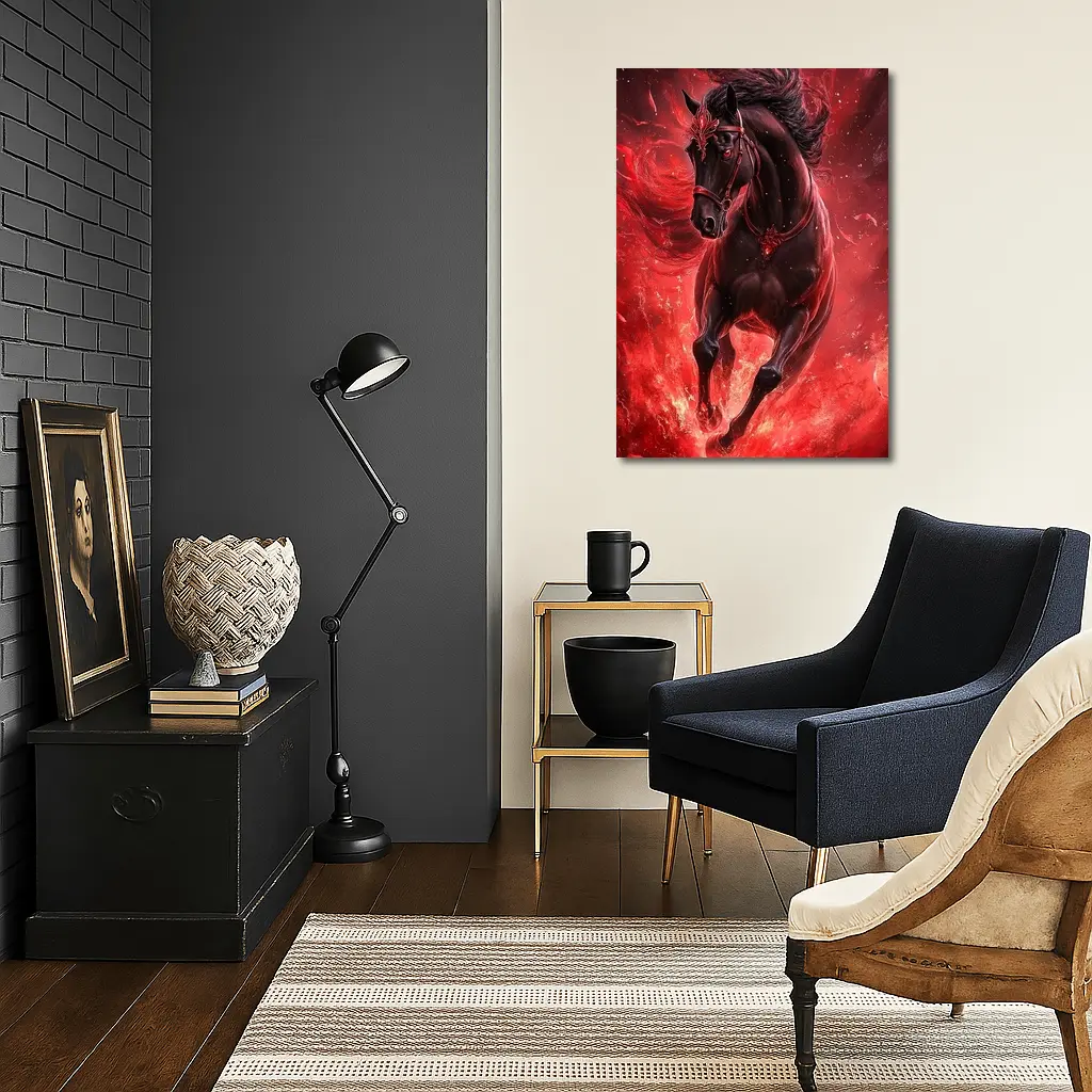 Black Horse Running Through Red Flames Fantasy – Wall Art