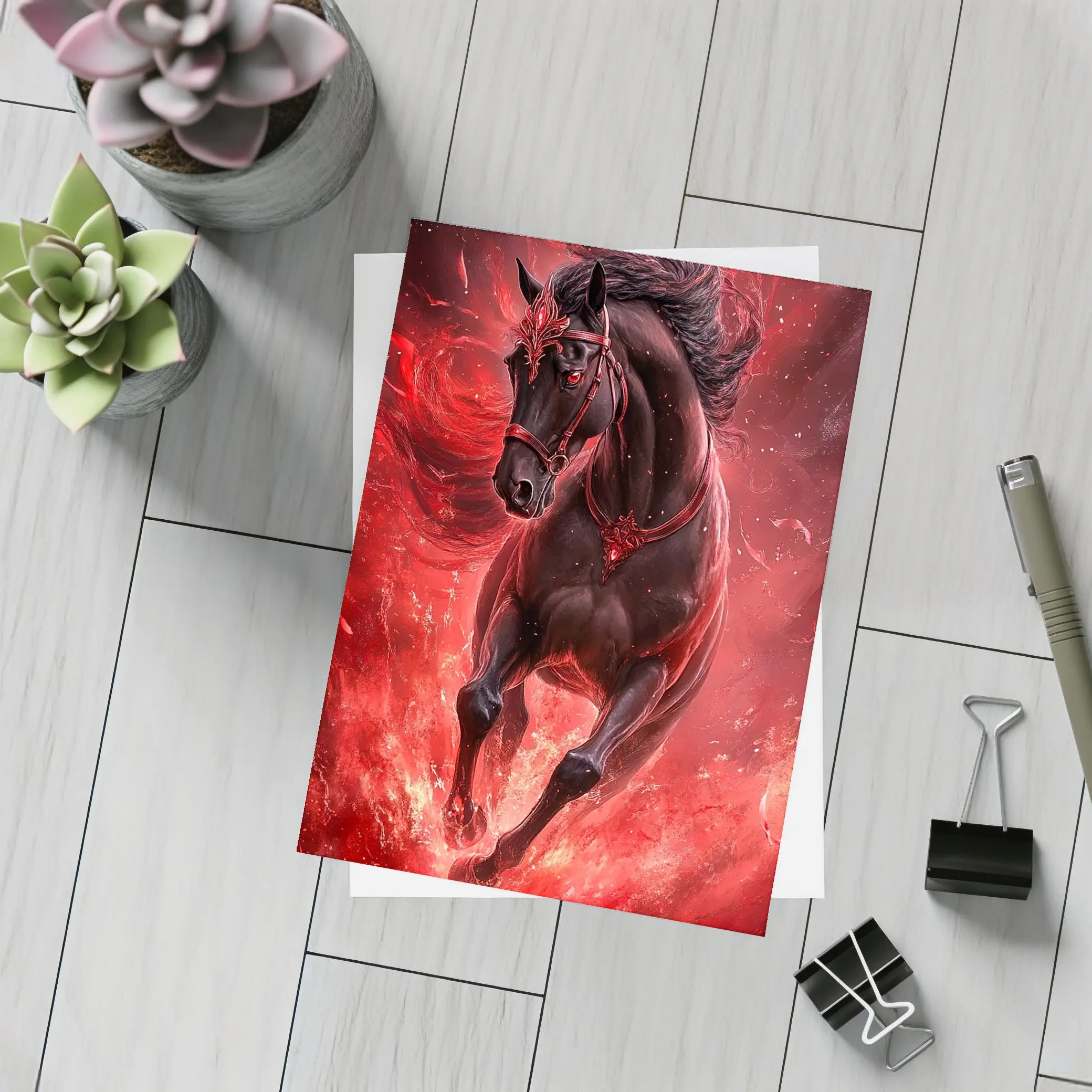Black Horse Running Through Red Flames Fantasy – Postcards