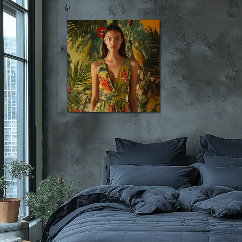 Tropical Floral Dress Woman Jungle Painted Background – Wall Art