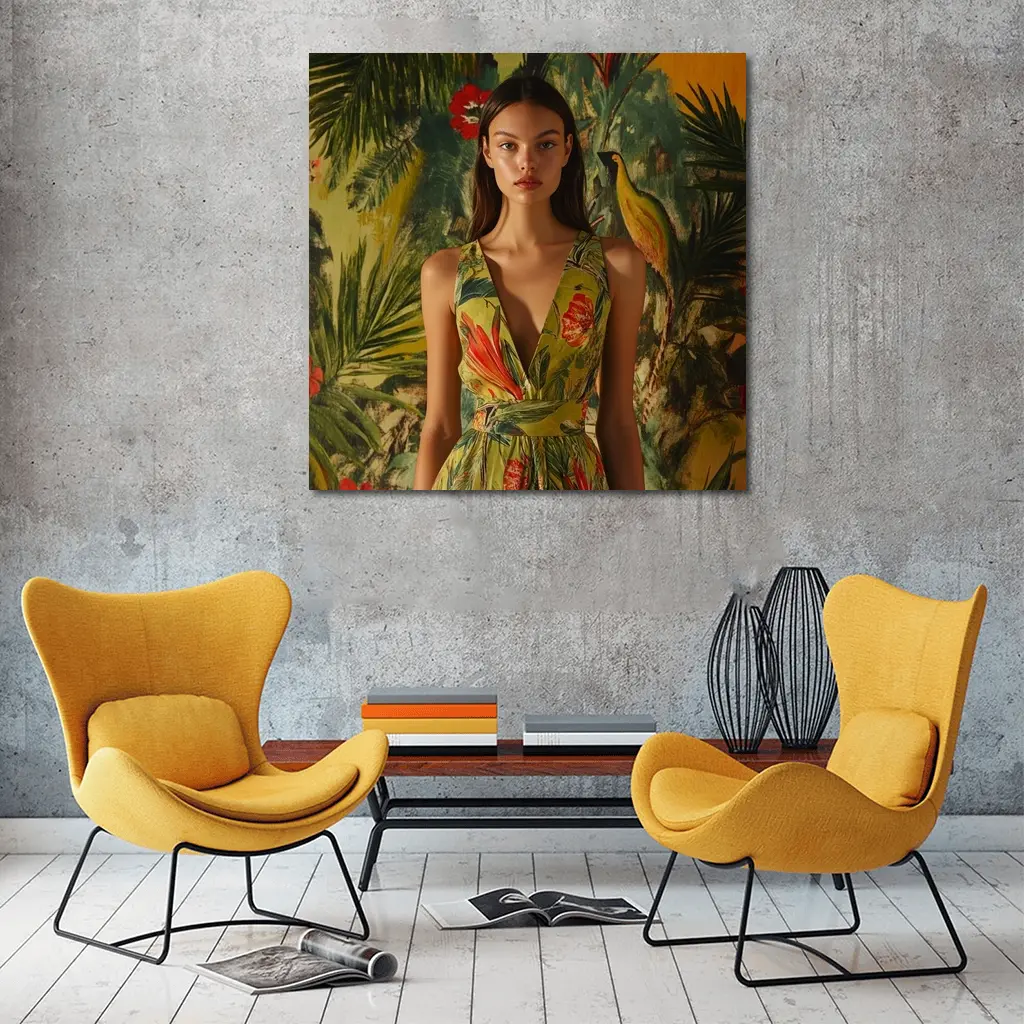 Tropical Floral Dress Woman Jungle Painted Background – Wall Art