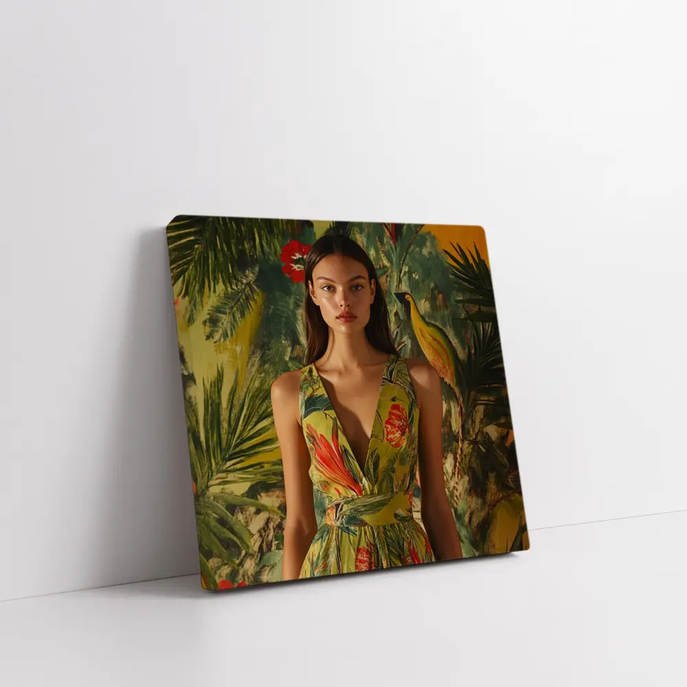Tropical Floral Dress Woman Jungle Painted Background – Wall Art