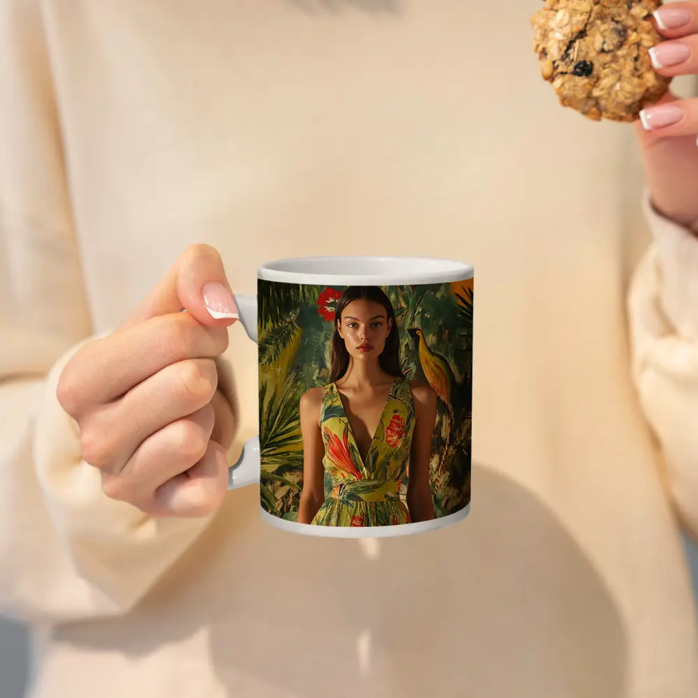 Tropical Floral Dress Woman Jungle Painted Background – Mugs