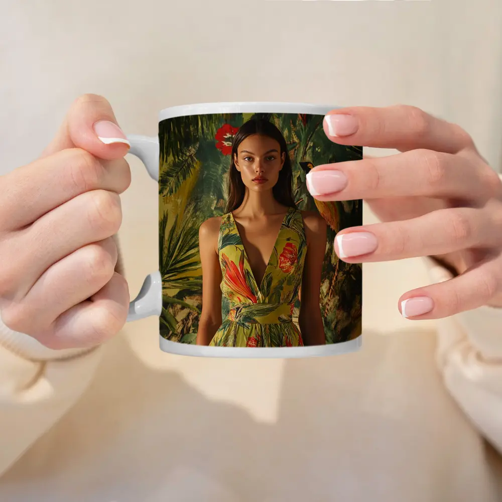 Tropical Floral Dress Woman Jungle Painted Background – Mugs