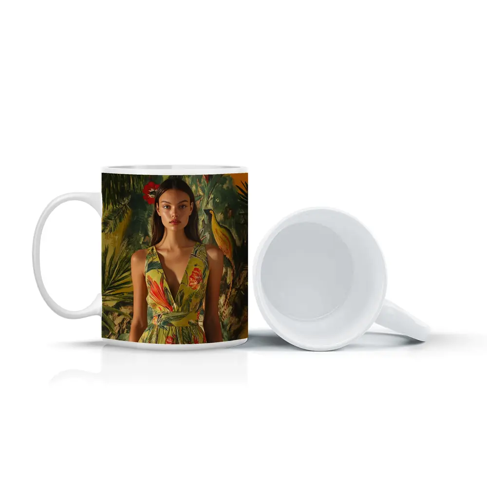 Tropical Floral Dress Woman Jungle Painted Background – Mugs