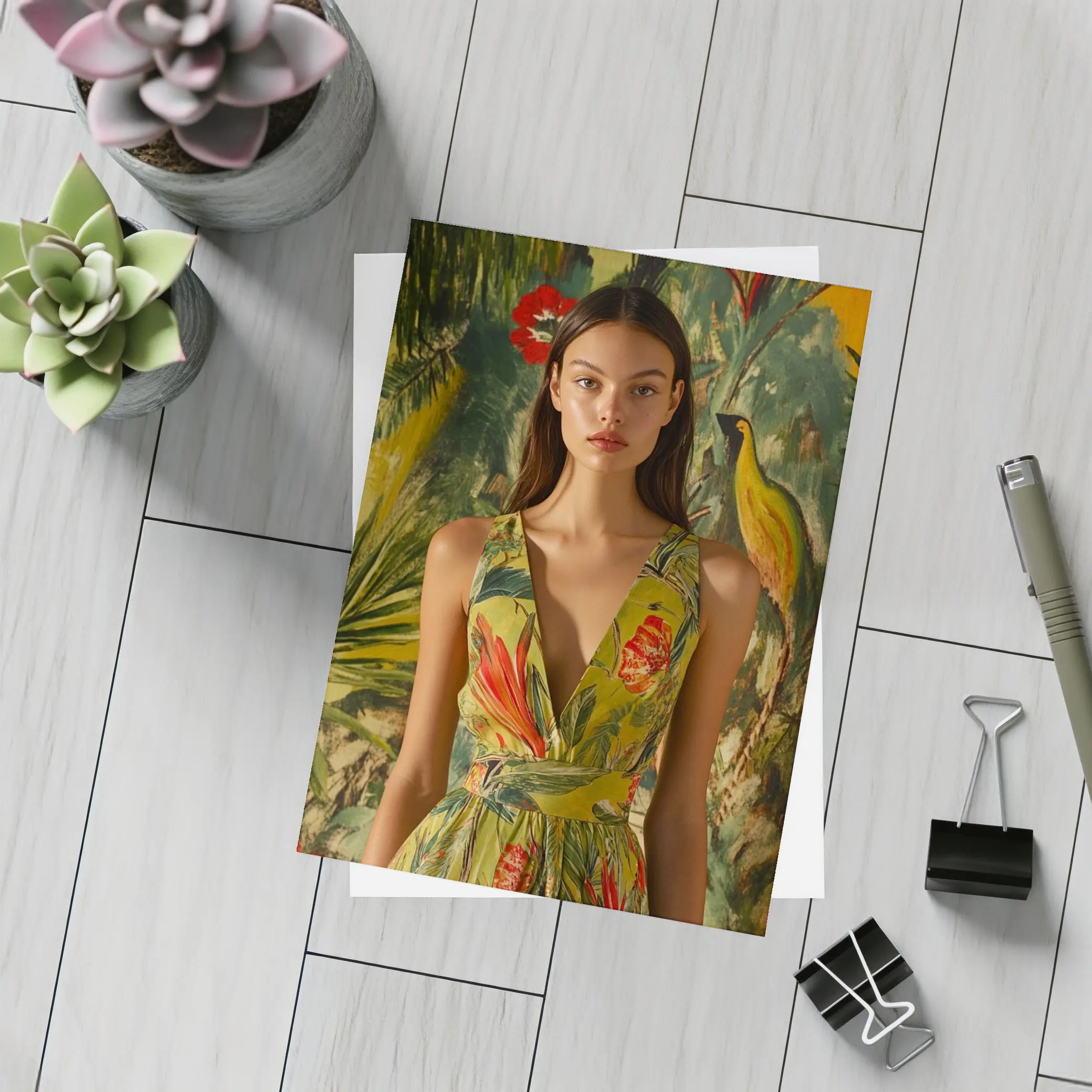 Tropical Floral Dress Woman Jungle Painted Background – Postcards