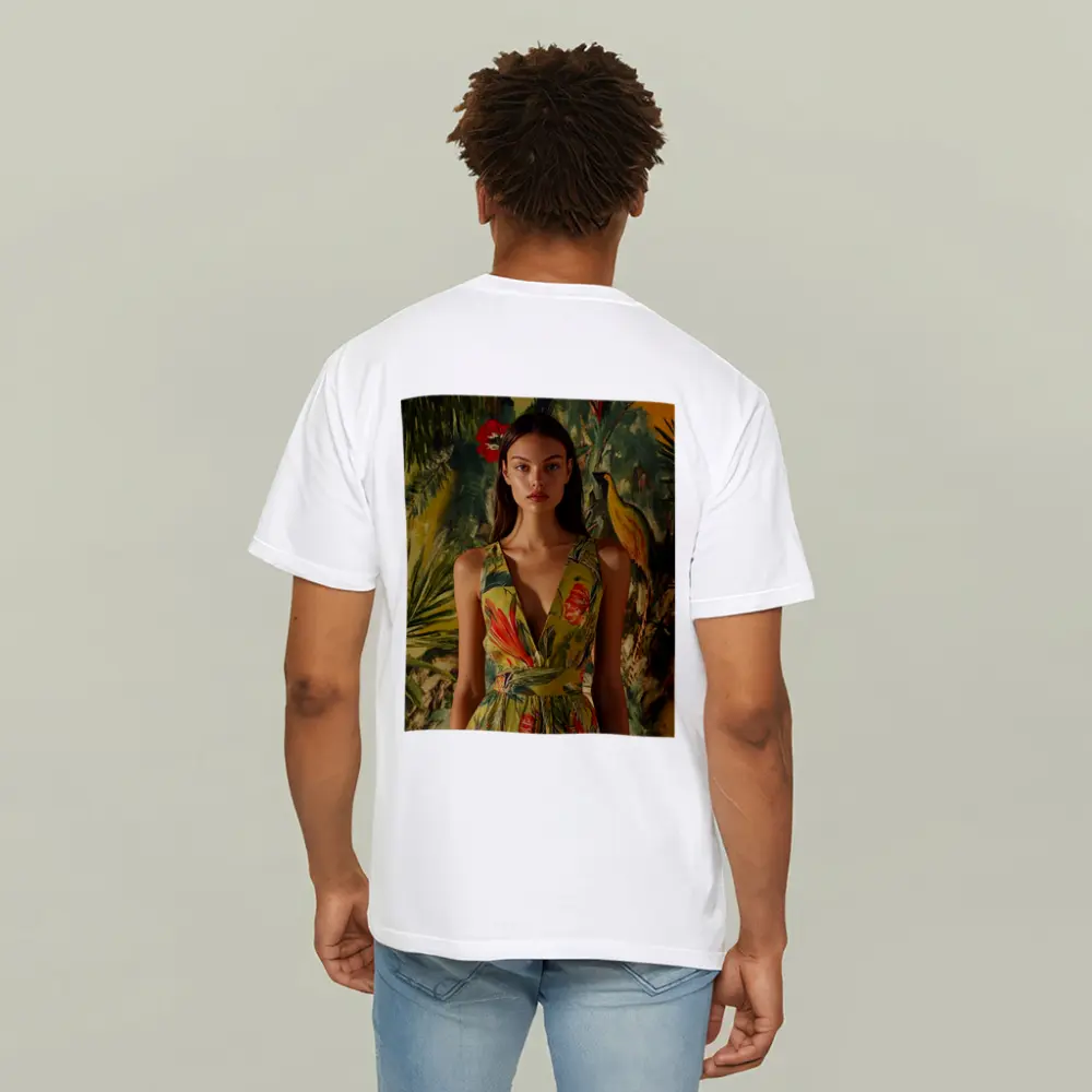 Tropical Floral Dress Woman Jungle Painted Background – T-Shirts