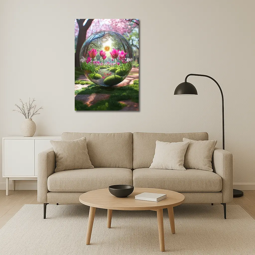 Pink Tulips Inside Glass Sphere Spring Garden – Wall Art
