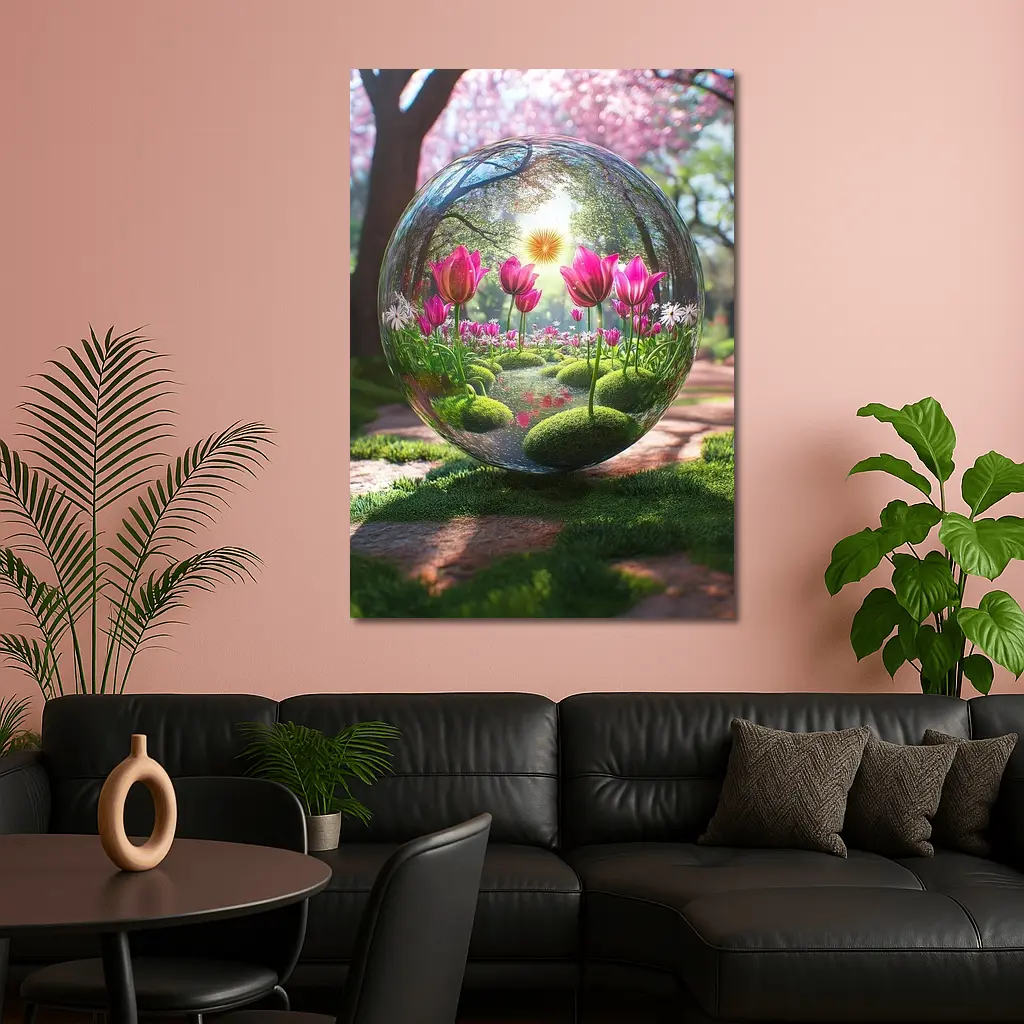 Pink Tulips Inside Glass Sphere Spring Garden – Wall Art