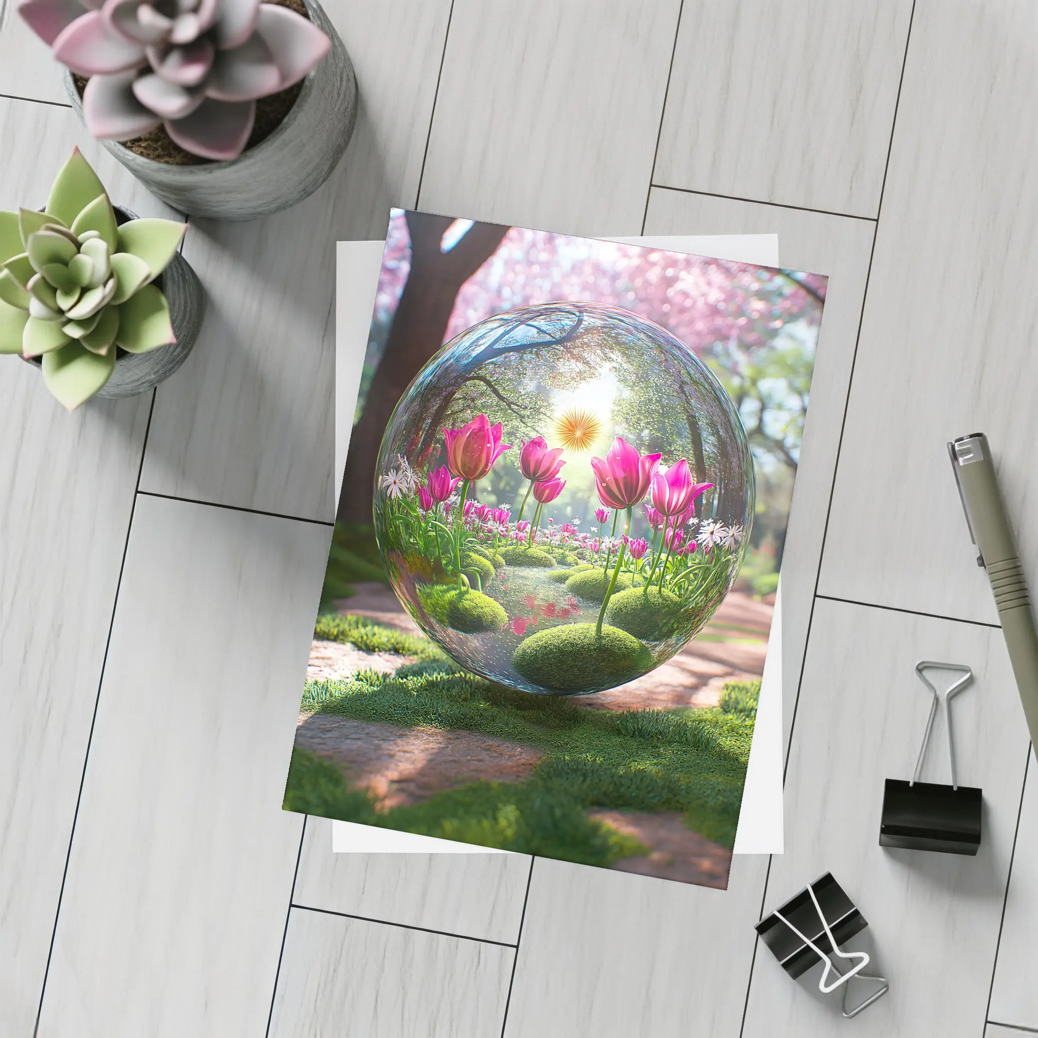 Pink Tulips Inside Glass Sphere Spring Garden – Postcards