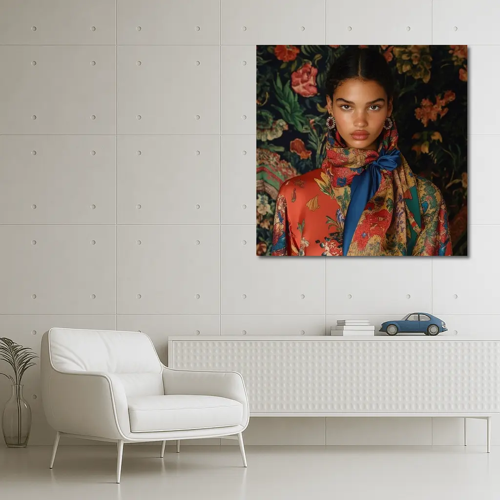 Fashion Model Floral Scarf Dark Background – Wall Art