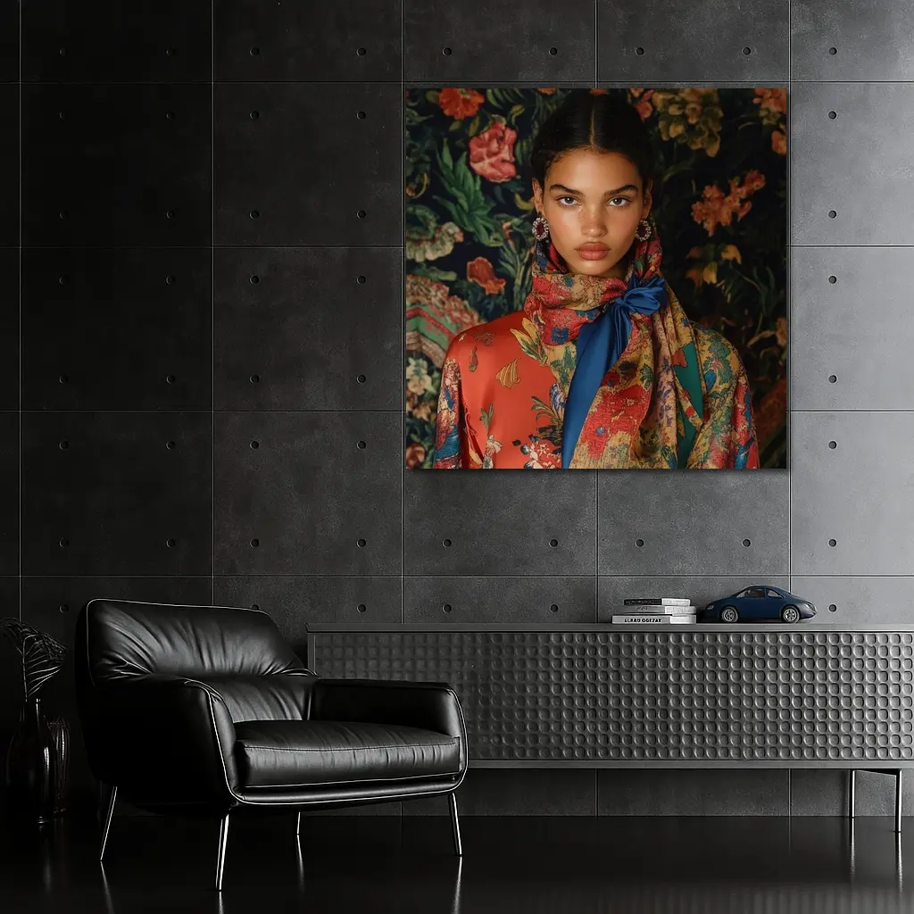 Fashion Model Floral Scarf Dark Background – Wall Art
