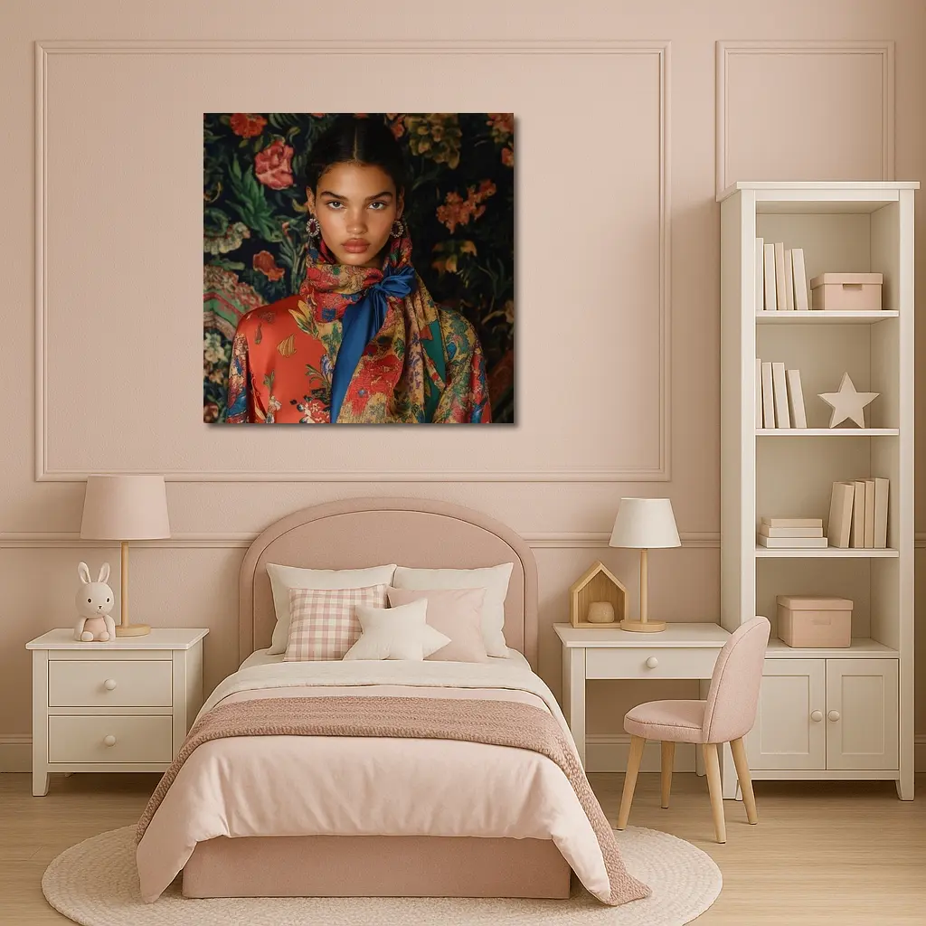 Fashion Model Floral Scarf Dark Background – Wall Art