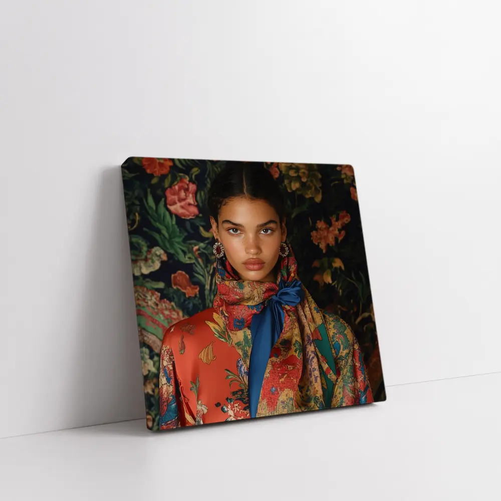 Fashion Model Floral Scarf Dark Background – Wall Art