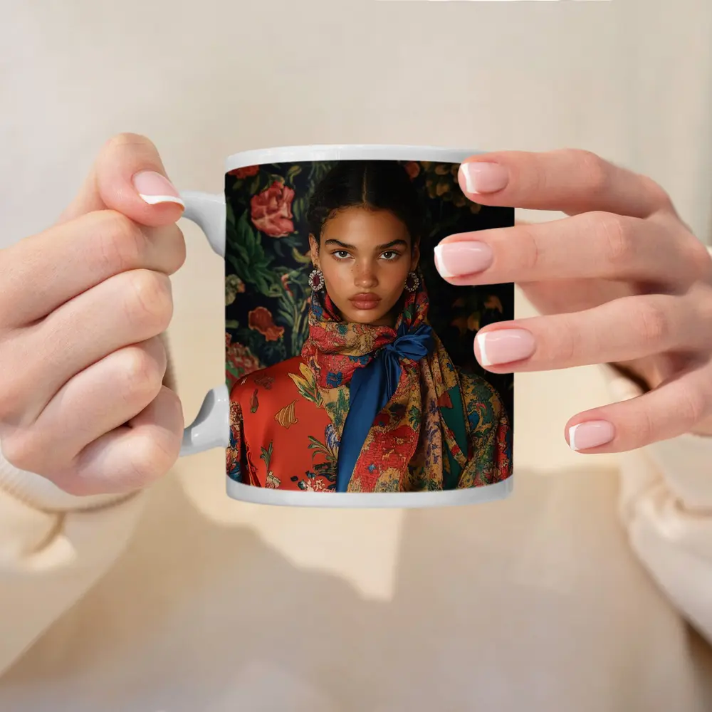 Fashion Model Floral Scarf Dark Background – Mugs