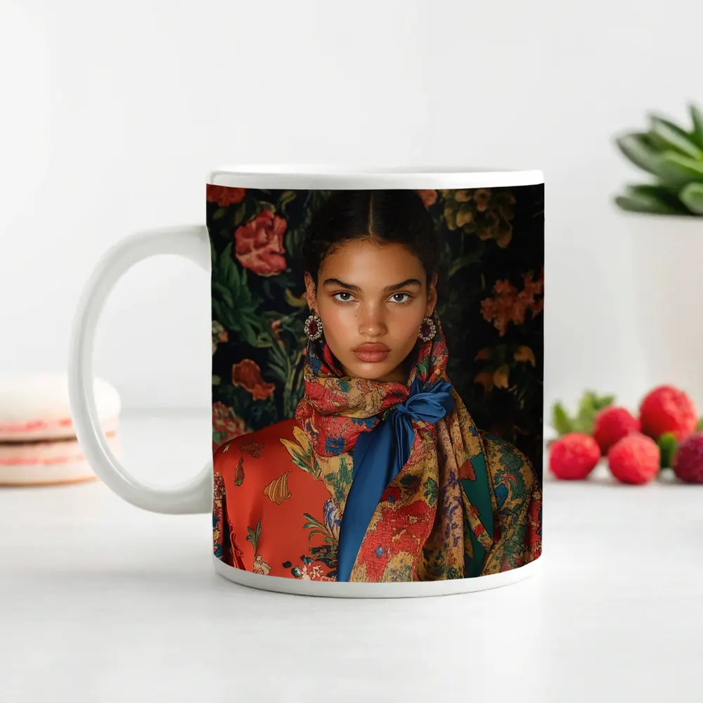 Fashion Model Floral Scarf Dark Background – Mugs