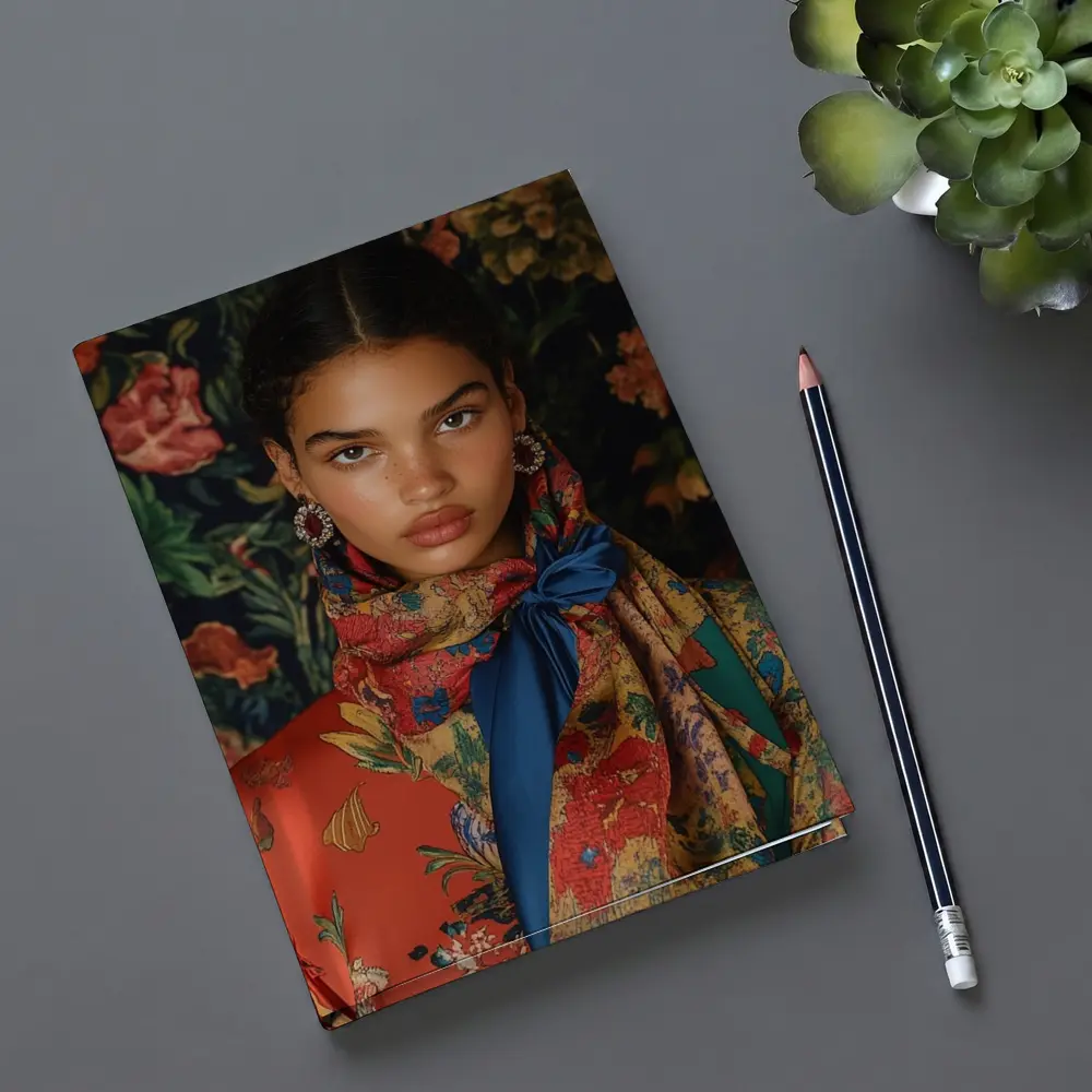 Fashion Model Floral Scarf Dark Background – Notebooks