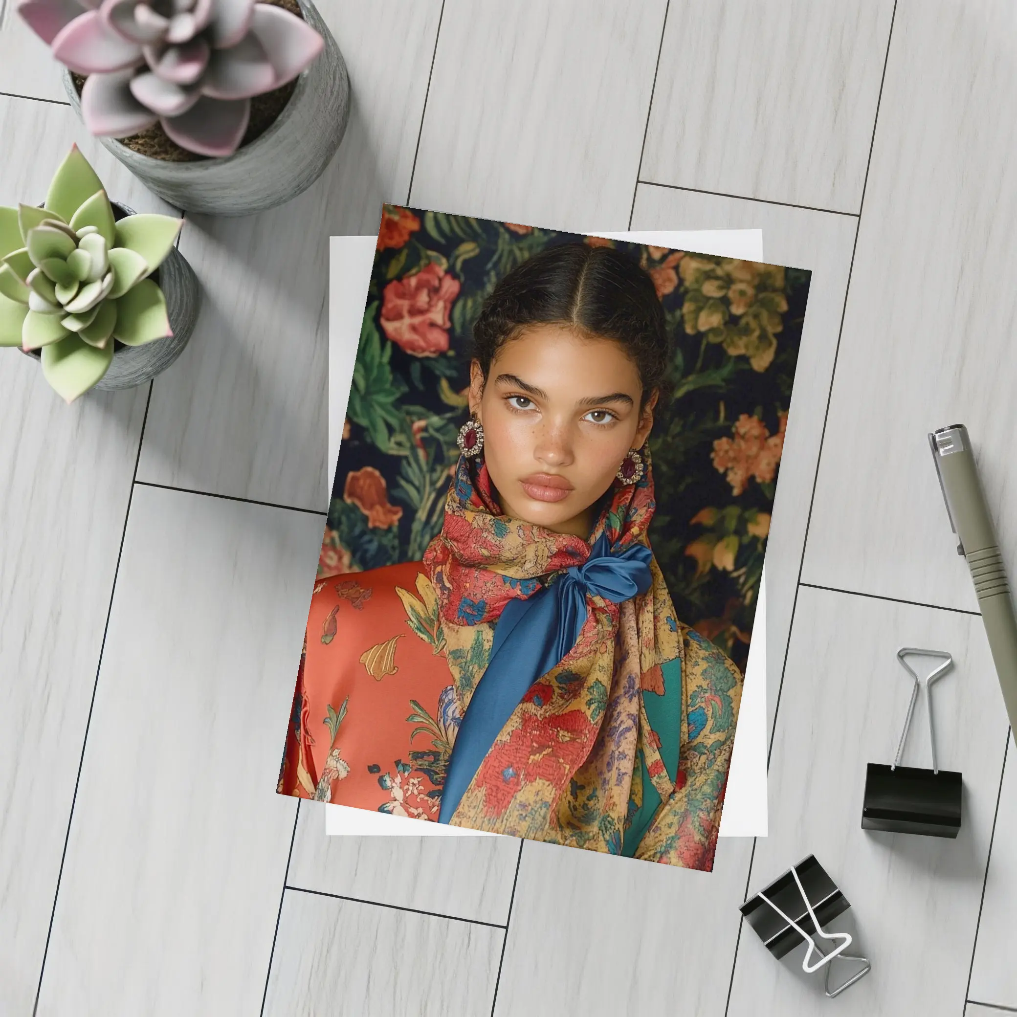Fashion Model Floral Scarf Dark Background – Postcards