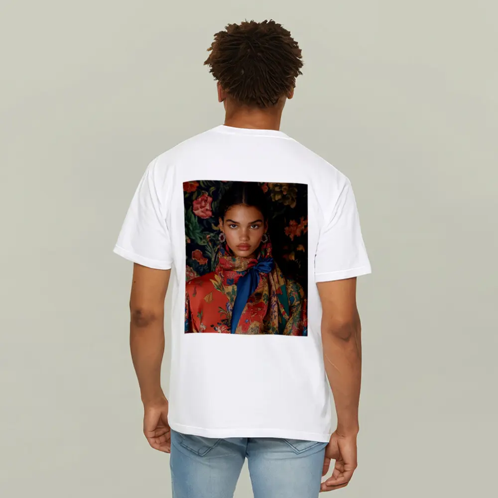 Fashion Model Floral Scarf Dark Background – T-Shirts