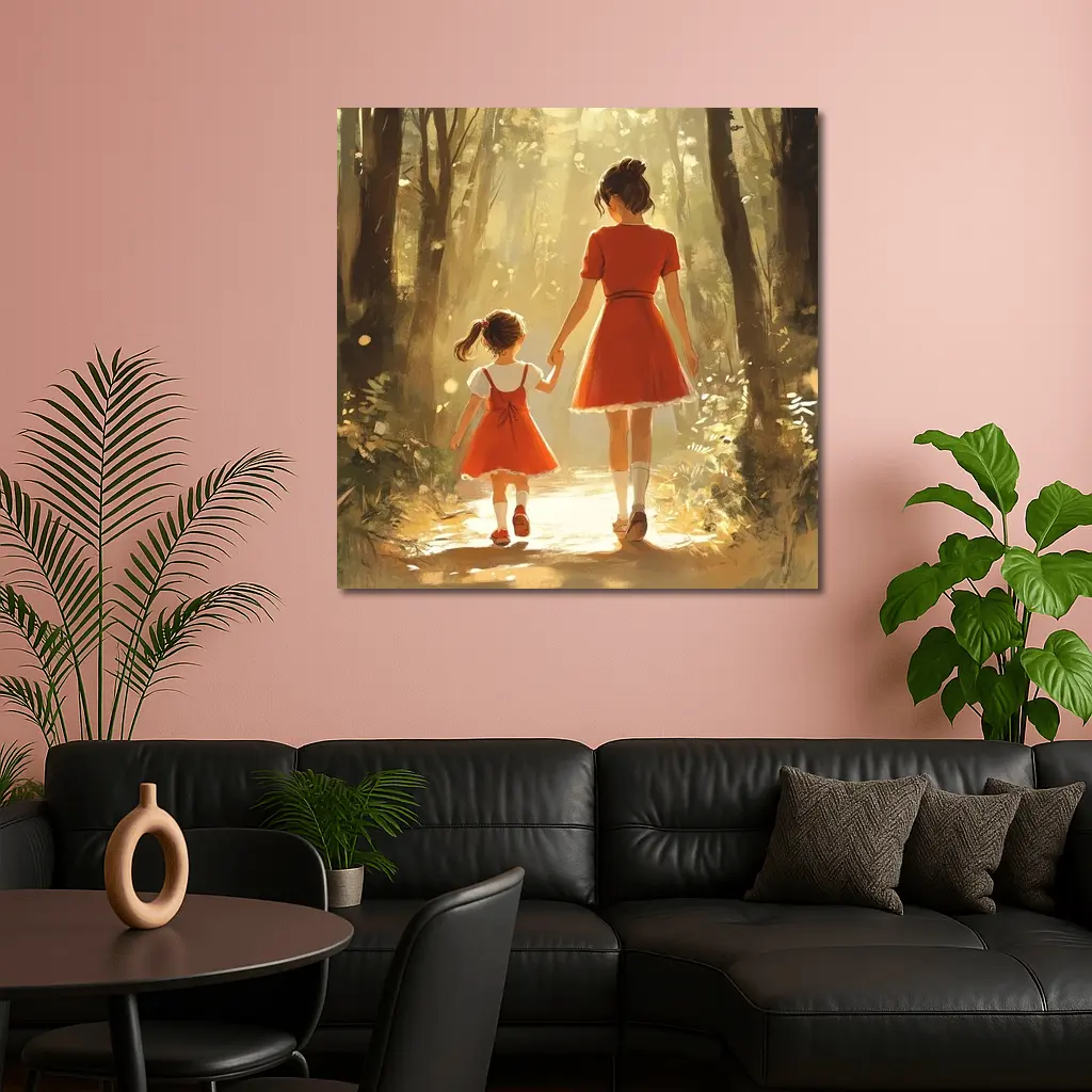 Mother Daughter Walking Forest Path Illustration – Wall Art