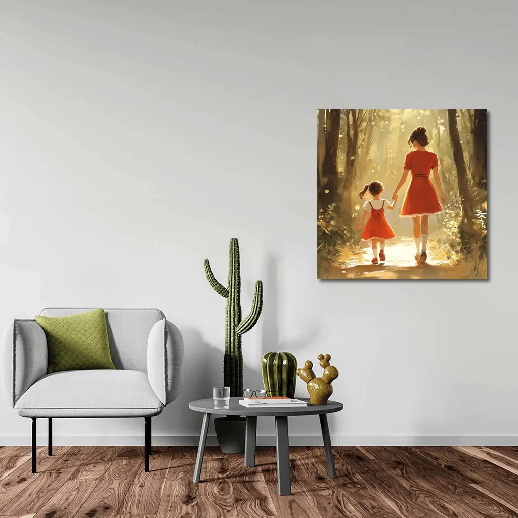 Mother Daughter Walking Forest Path Illustration – Wall Art