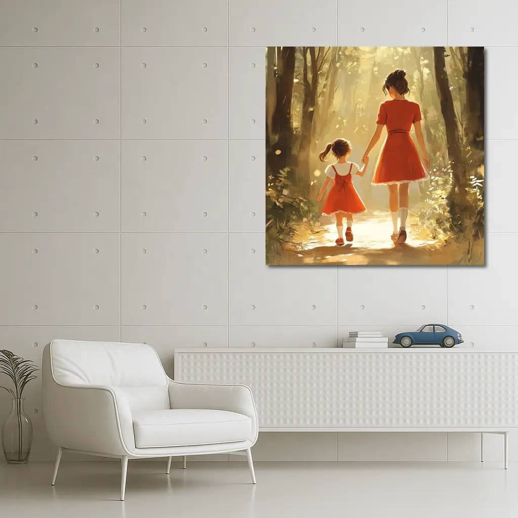 Mother Daughter Walking Forest Path Illustration – Wall Art