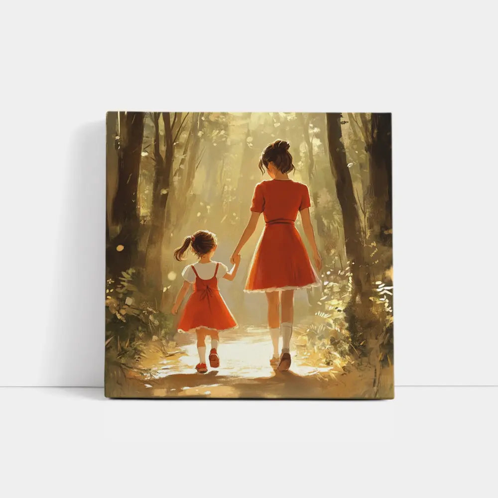 Mother Daughter Walking Forest Path Illustration – Wall Art