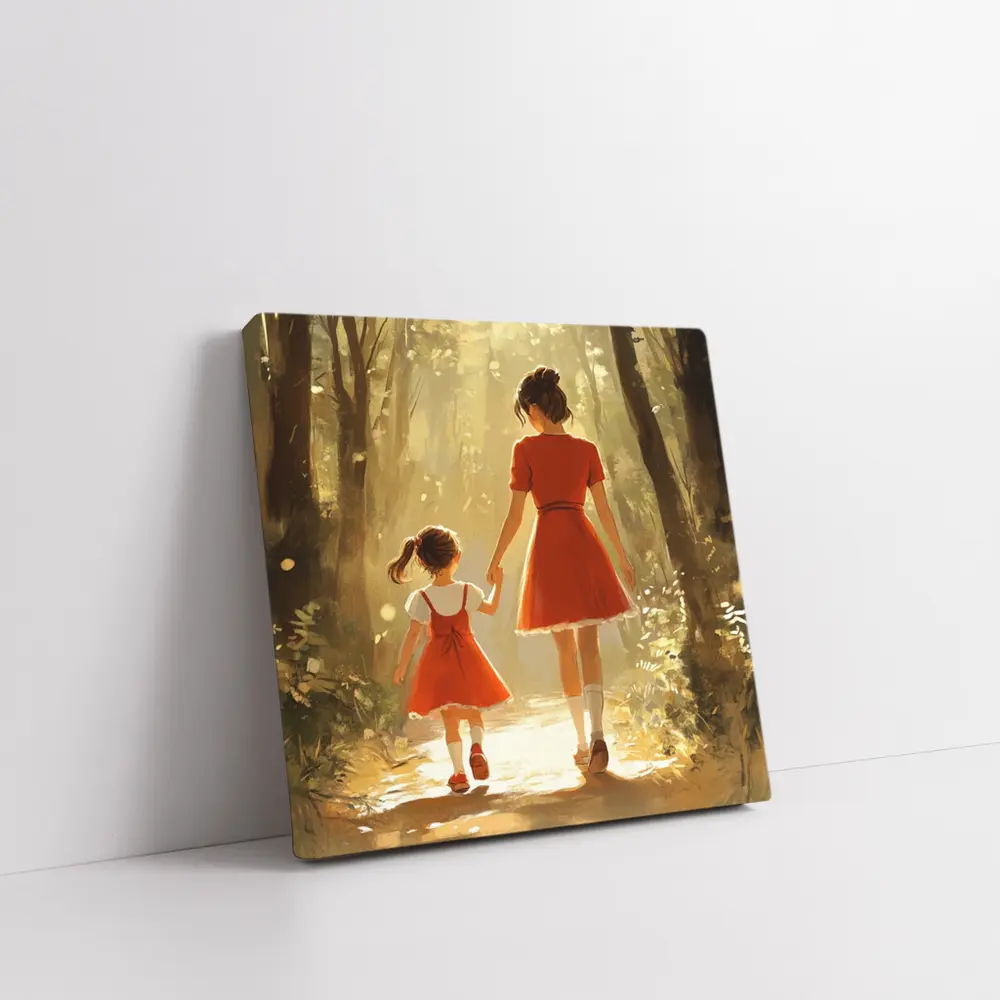 Mother Daughter Walking Forest Path Illustration – Wall Art