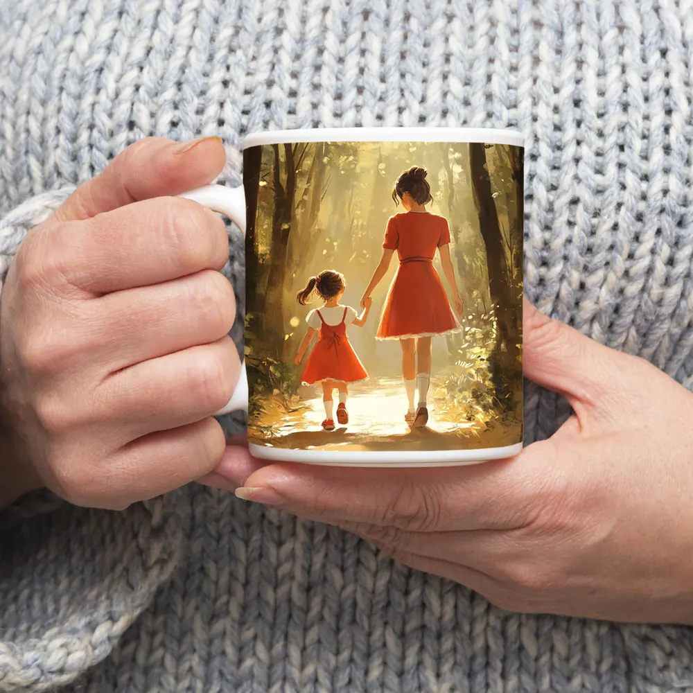 Mother Daughter Walking Forest Path Illustration – Mugs