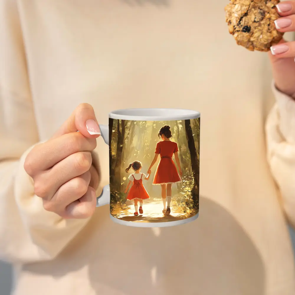 Mother Daughter Walking Forest Path Illustration – Mugs