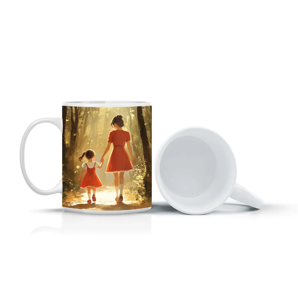 Mother Daughter Walking Forest Path Illustration – Mugs