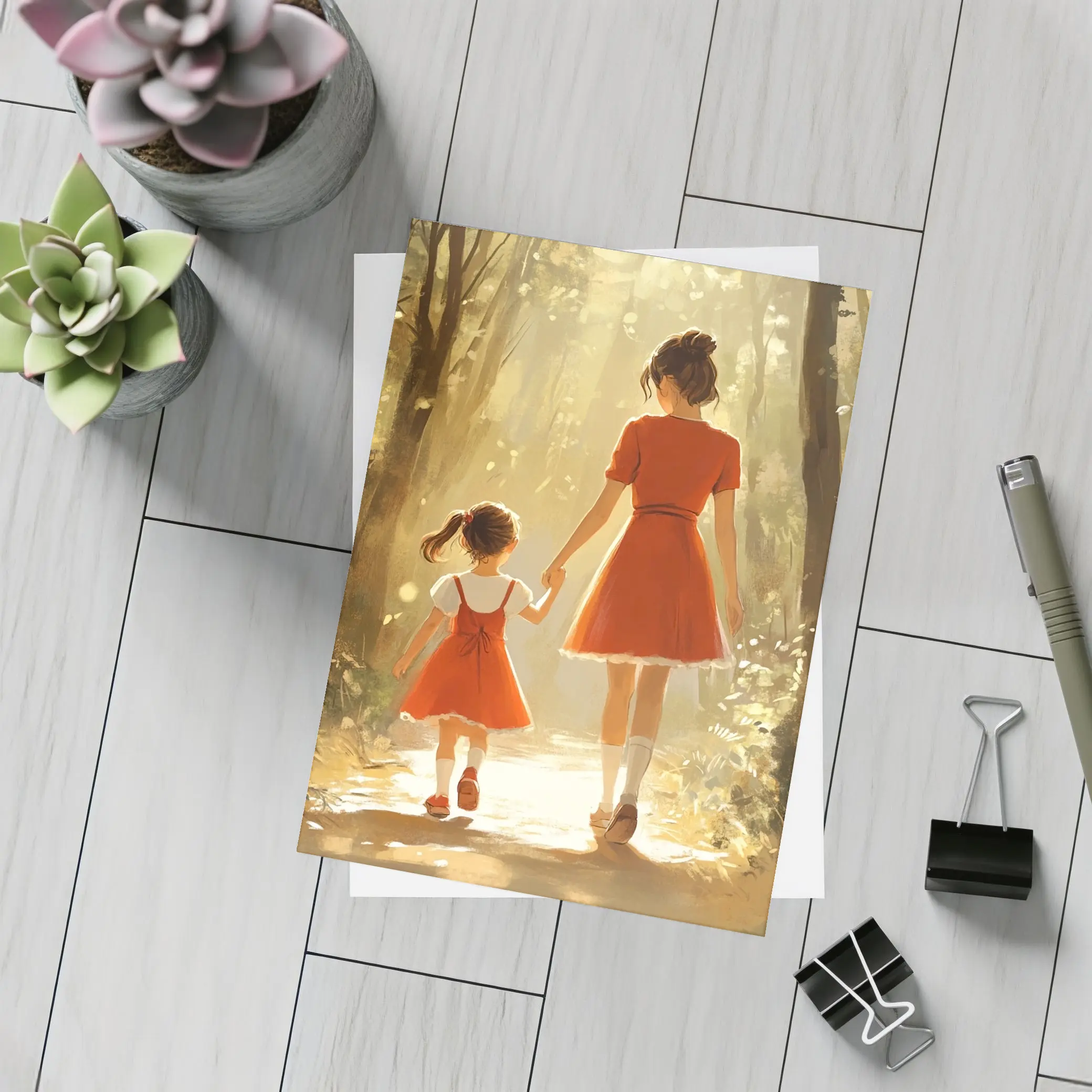 Mother Daughter Walking Forest Path Illustration – Postcards