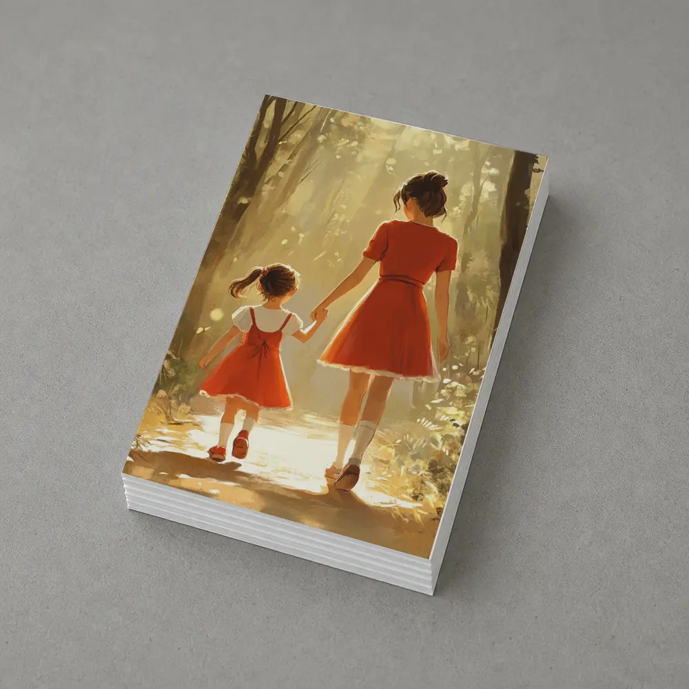 Mother Daughter Walking Forest Path Illustration – Postcards