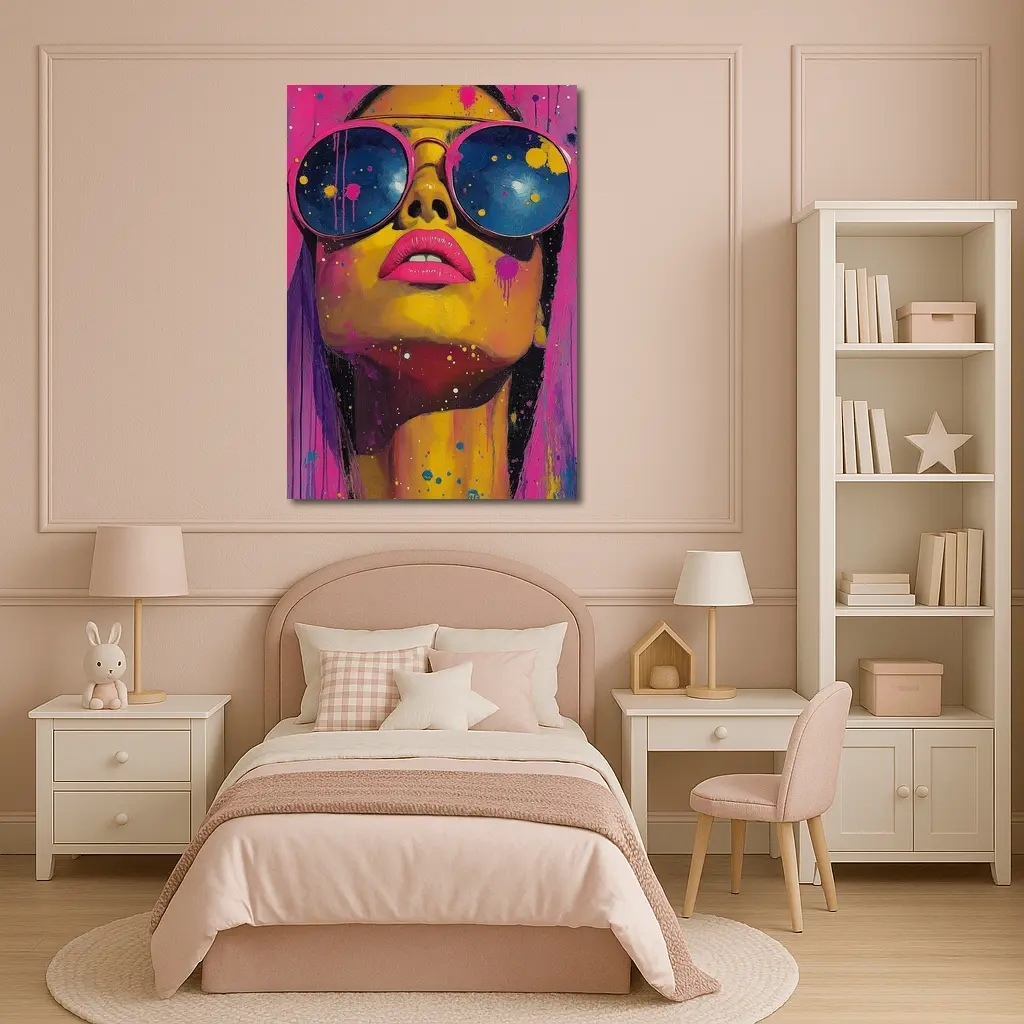 Pop Art Woman Yellow Face Sunglasses Pink – Wall Art