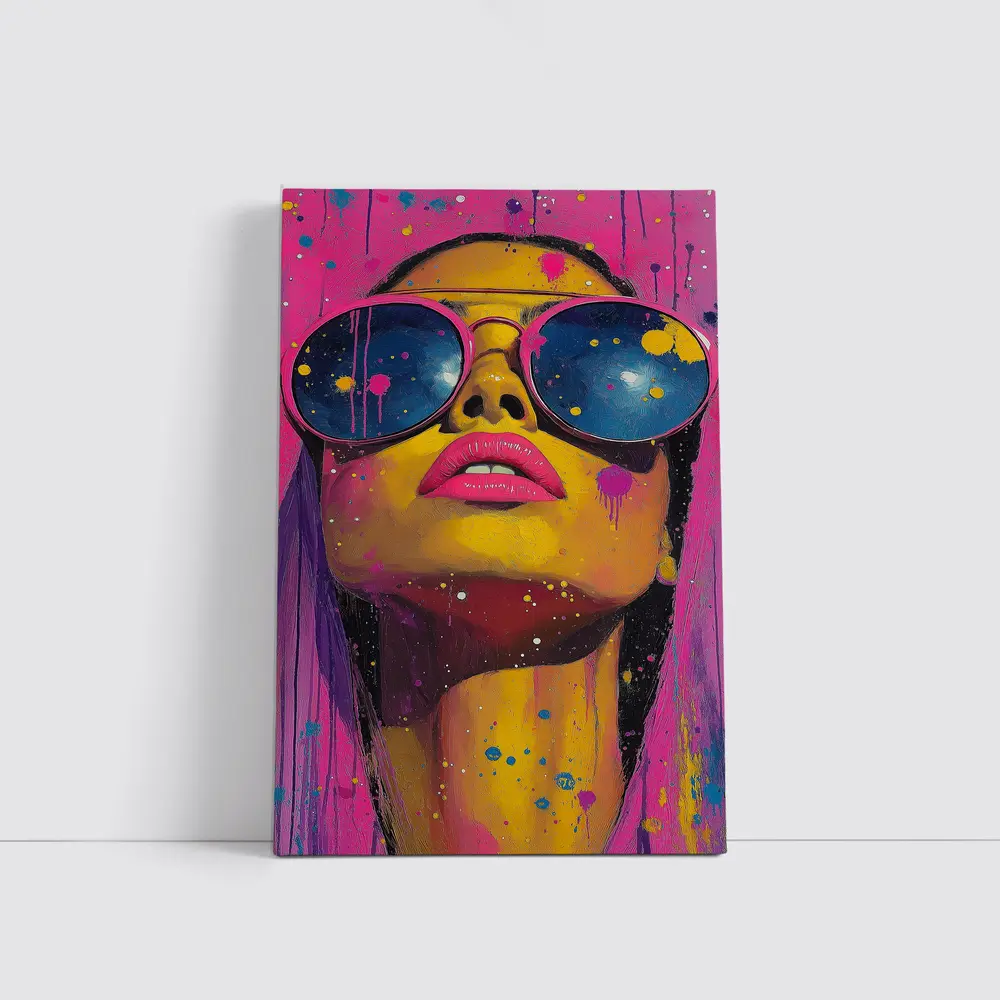Pop Art Woman Yellow Face Sunglasses Pink – Wall Art
