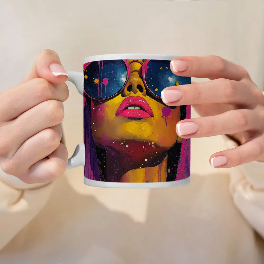 Pop Art Woman Yellow Face Sunglasses Pink – Mugs