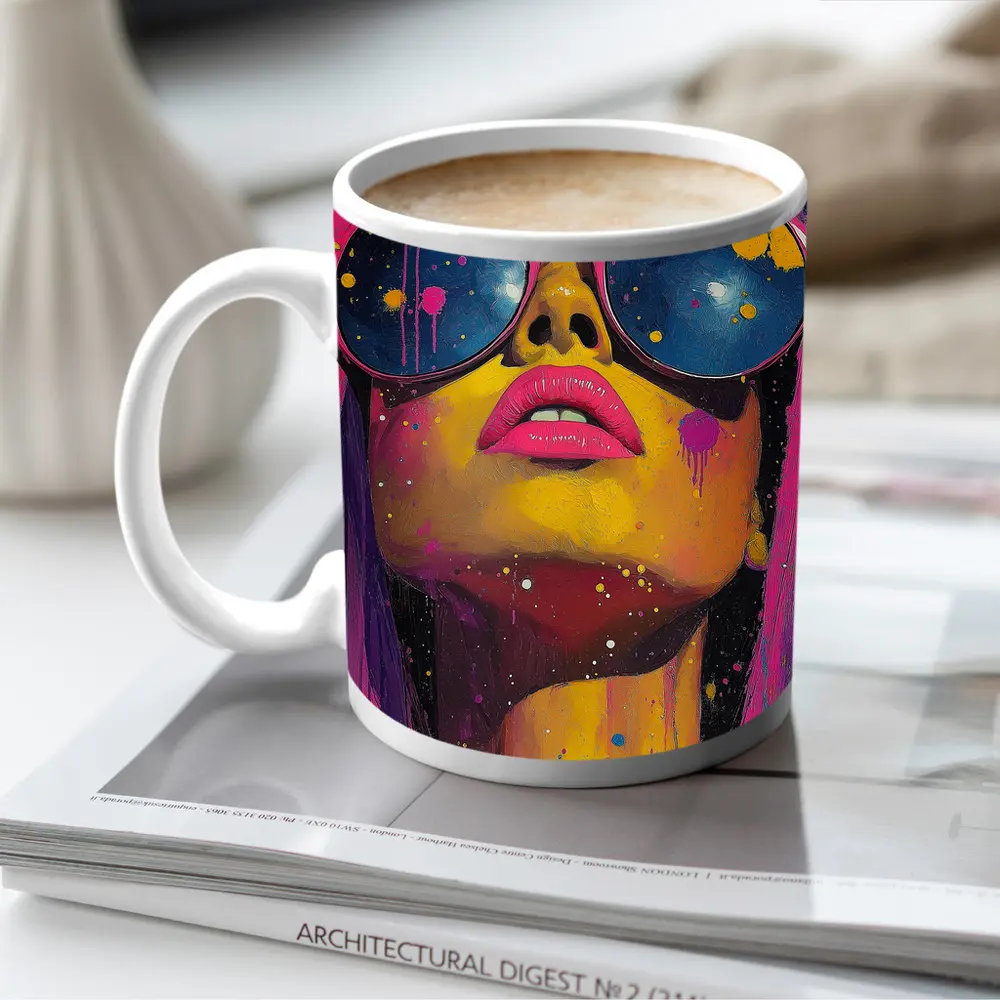 Pop Art Woman Yellow Face Sunglasses Pink – Mugs