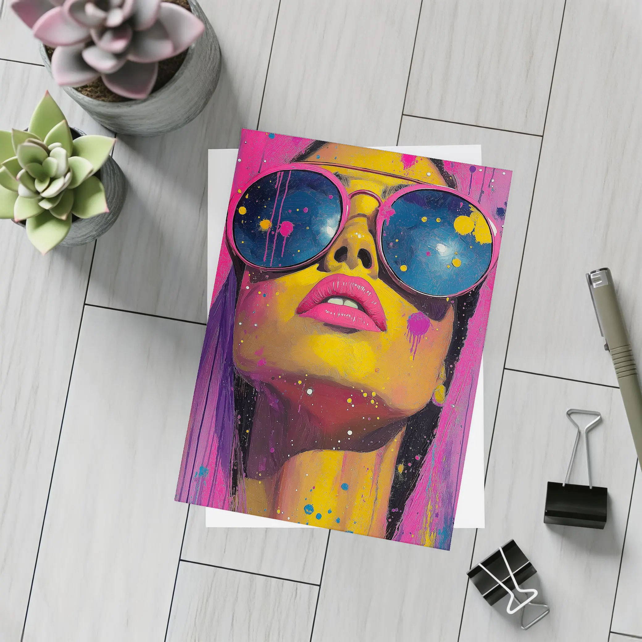 Pop Art Woman Yellow Face Sunglasses Pink – Postcards