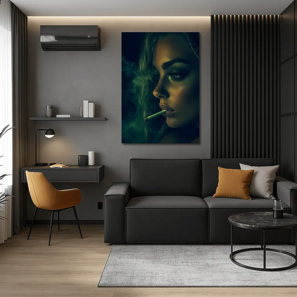 Woman Smoking Joint Green Smoke Dark – Wall Art