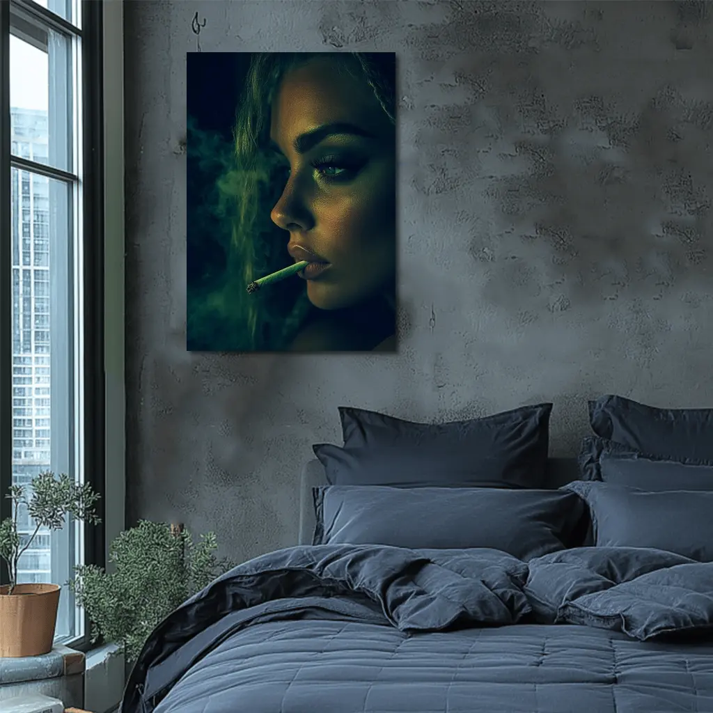 Woman Smoking Joint Green Smoke Dark – Wall Art